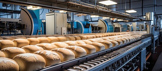 In the state-of-the-art bakery plant, the production line efficiently processes fresh wheat grain into white loaves of bread on the automated conveyor system, ensuring continuous flow of food within - obrazy, fototapety, plakaty
