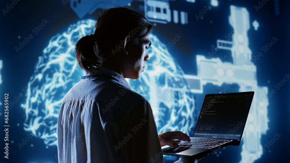 Poster certified admin writing artificial intelligence script code in startup workspace on laptop terminal.
