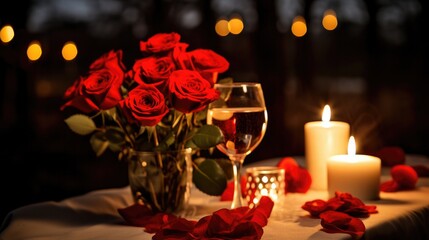 Romantic candlelit setting with red roses and wine glass.