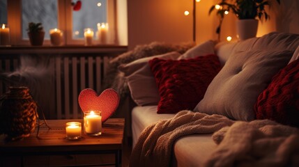 Cozy Valentine's setting with heart-shaped decor and candles on a coffee table.