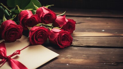 Valentine's Day concept with red roses tied with a ribbon and a blank card."