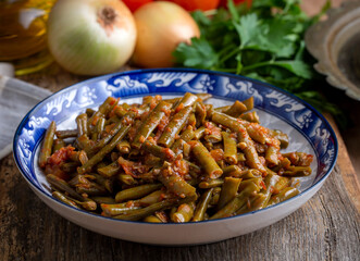 Traditional delicious Turkish food; fresh green black eyed peas food (Turkish name; Zeytinyagli yesil taze borulce or acebek)