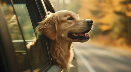 A dog sticking its head out of a car window. Generative AI.
