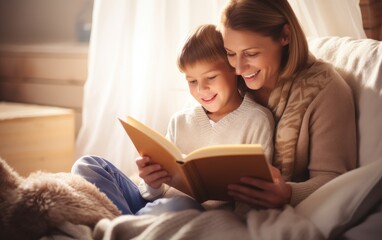 A mother is reading a children's book to her son in a cozy, warm setting