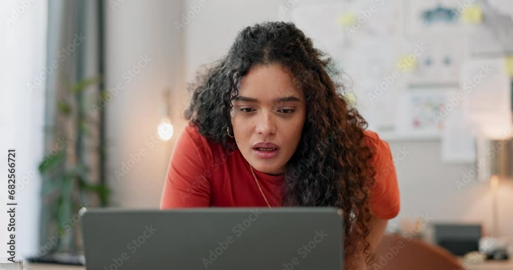 Poster Laptop, schedule and design with a woman in a small business office working on an artistic project. Creative, computer and planning with a young designer thinking in the workshop of a startup company
