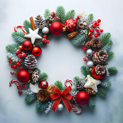 Fototapeta na wymiar Merry Christmas wreath pine spruce twigs cones and holly berries