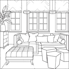 Coloring on the theme of the living room interior. Vector illustration coloring book for adults and children.