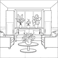 Coloring on the theme of the living room interior. Vector illustration coloring book for adults and children.