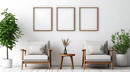 Fototapeta na wymiar Two armchairs in room with white wall and big frame poster on it. Scandinavian style interior design of modern living room