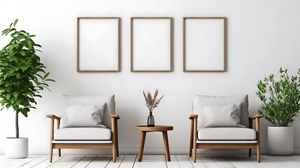 Fototapeta premium Two armchairs in room with white wall and big frame poster on it. Scandinavian style interior design of modern living room