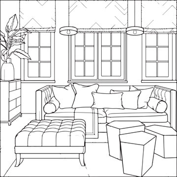 Coloring on the theme of the living room interior. Vector illustration coloring book for adults and children.
