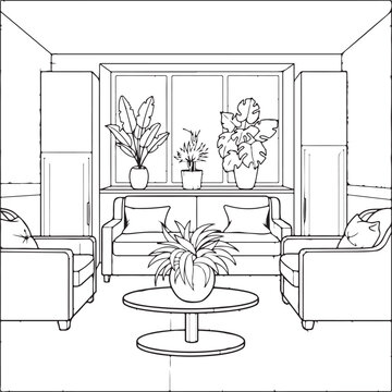 Coloring on the theme of the living room interior. Vector illustration coloring book for adults and children.