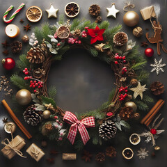 Fototapeta na wymiar Merry Christmas wreath pine spruce twigs cones berries and red ribbon bow on a wooden table