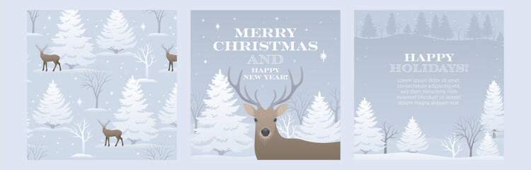 Winter holiday square card templates with deer, spruce, forest and seamless pattern. Merry Christmas and Happy New Year design greetings set with text place for social media or email.