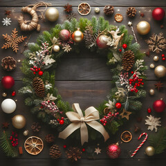 Fototapeta na wymiar Merry Christmas with wreath pine spruce twigs cones berries and red ribbon bow on a wooden table