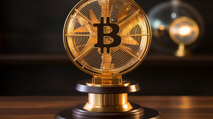 Crypto currency bitcoin symbol representation on black background. Trading and investment concept. Close up of Coin in the middle of the picture. Virtual money concept Copy Space.