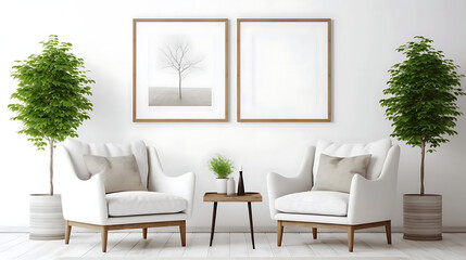 Fototapeta premium Two armchairs in room with white wall and big frame poster on it. Scandinavian style interior design of modern living room