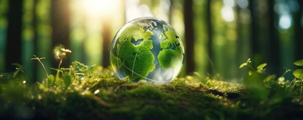 A glass globe sitting on top of a lush green field. Generative AI. - obrazy, fototapety, plakaty