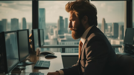 A businessman sitting in his office and working on project. Office have wide big windows and beautiful city view. Business concept.Modern office with computers.