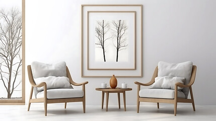 Two armchairs in room with white wall and big frame poster on it. Scandinavian style interior design of modern living room