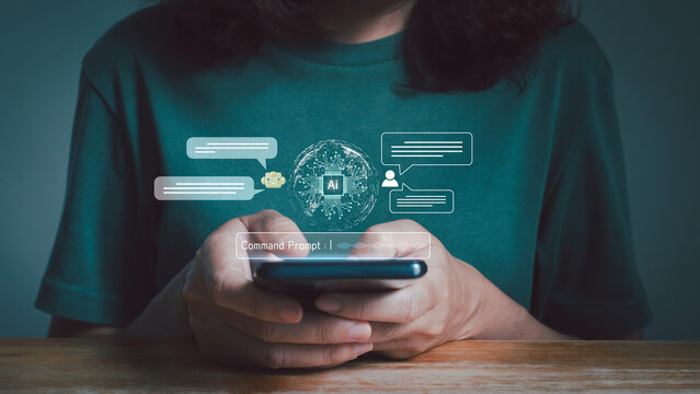AI technology, Artificial Intelligence concept. Businessman using technology smart robot AI open command prompt to generate something. Conversation with AI chat assistant for customer service support.