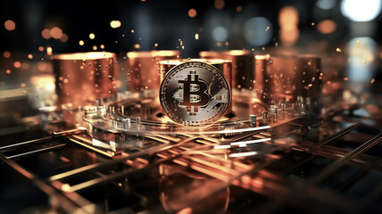 Crypto currency bitcoin symbol representation on black background. Trading and investment concept. Close up of Coin in the middle of the picture. Virtual money concept Copy Space.