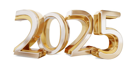 2025 golden bold letters symbol, new year sylvester, isolated, metallic glossy year number - obrazy, fototapety, plakaty