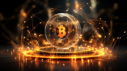 Crypto currency bitcoin symbol representation on black background. Trading and investment concept. Close up of Coin in the middle of the picture. Virtual money concept Copy Space. - Powered by Adobe