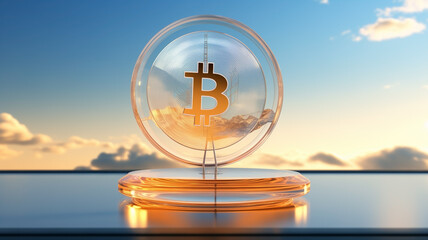 Crypto currency bitcoin symbol representation on black background. Trading and investment concept. Close up of Coin in the middle of the picture. Virtual money concept Copy Space.