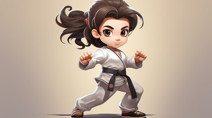 Illustration of Karate kid doing martial arts. Beautiful image of sport girl with karate Kimano and black belt. Cartoon character.
