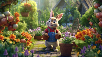With a basket in hand, a rabbit joyfully trots down a garden path, surrounded by a flourish of flowers and the essence of spring. - obrazy, fototapety, plakaty