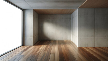 3d rendering of empty room with wooden floor and concrete wall