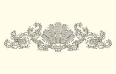 Shell with floral ornament, vintage engraving drawing style vector illustration