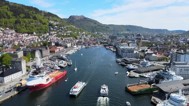Beautiful panorama of Bergen during a sunny holiday on May 17 2022