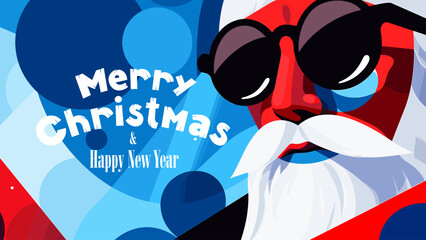 Merry Christmas and Happy New Year party greeting card with Santa Claus in sunglasses. Xmas traditional holiday eve horizontal banner. Winter family celebration drawing vector eps postcard