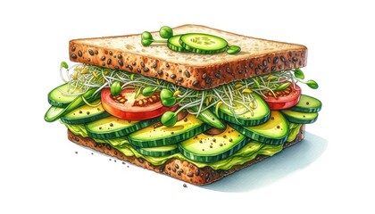 Artistic Watercolor Illustration of Vegetarian Sandwich with Avocado, Cucumber, Sprouts on White, Ideal for Healthy Food Concept