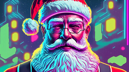 Santa Claus portrait illustration in cyberpunk style. Night city neon light theme. AI generated