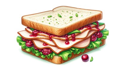 Vivid Watercolor Painting of Turkey and Cranberry Sandwich with Lettuce on White, Ideal for Thanksgiving and Holiday Menus