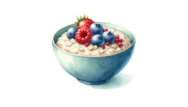 Healthy Start: Vibrant Watercolor Illustration of Creamy Oatmeal with Berries, Perfect for Nutritious Breakfast and Food Art