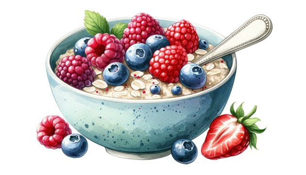 Vibrant Watercolor Painting of Creamy Oatmeal Bowl with Fresh Berries, Perfect for Healthy Eating Promotions or Culinary Artwork