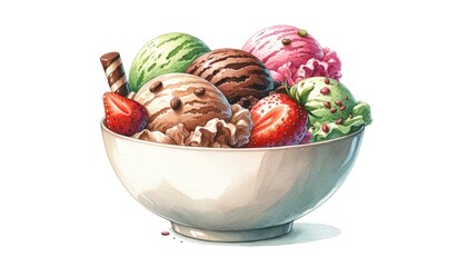 Delightful Watercolor Illustration of Creamy Italian Gelato in a Bowl with Chocolate, Strawberry, Pistachio Flavors on White Background