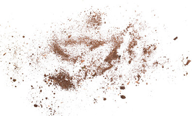 Soil, dust, rotten old pieces of wood, isolated on white, top view