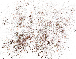 Soil, dust, rotten old pieces of wood, isolated on white, top view