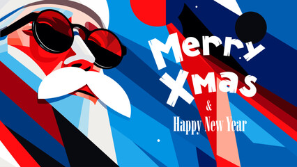 Merry Christmas and Happy New Year party greeting card with creative art drawing Santa Claus in glasses. Xmas traditional holiday eve horizontal banner. Winter family celebration vector eps postcard
