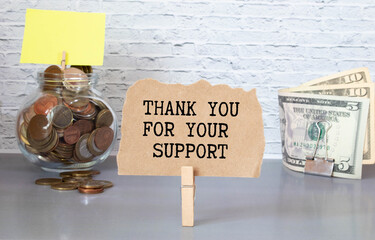 Thank you for your support sign - white chalk text on a vintage slate blackboard