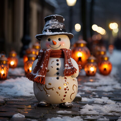Charming snowmen on the city's snow-covered pavements