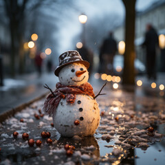 Obraz premium Charming snowmen on the city's snow-covered pavements