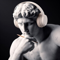 torso of a Greek pensive statue of a man with headphones and a pencil