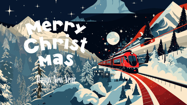 Merry Christmas and Happy New Year party greeting card with modern train. Polar express bring gifts in abstract landscape. Xmas traditional holiday eve horizontal banner. Winter celebration postcard