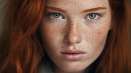 Fototapeta premium Ginger-Haired Beauty Model with Freckles Portrait. Generative ai